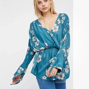 Free People XS Tuscan Dreams Teal Floral Tunic Top ~ Boho Festival Beach Hippie